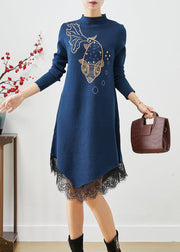 Navy Patchwork Lace Knitted Dress Asymmetrical Print Fall