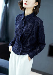 Navy Patchwork Lace Shirt Top Peter Pan Collar Button Long Sleeve