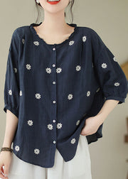 Navy Patchwork Linen Blouses Embroideried Ruffled Summer