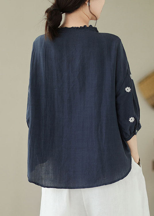 Navy Patchwork Linen Blouses Embroideried Ruffled Summer