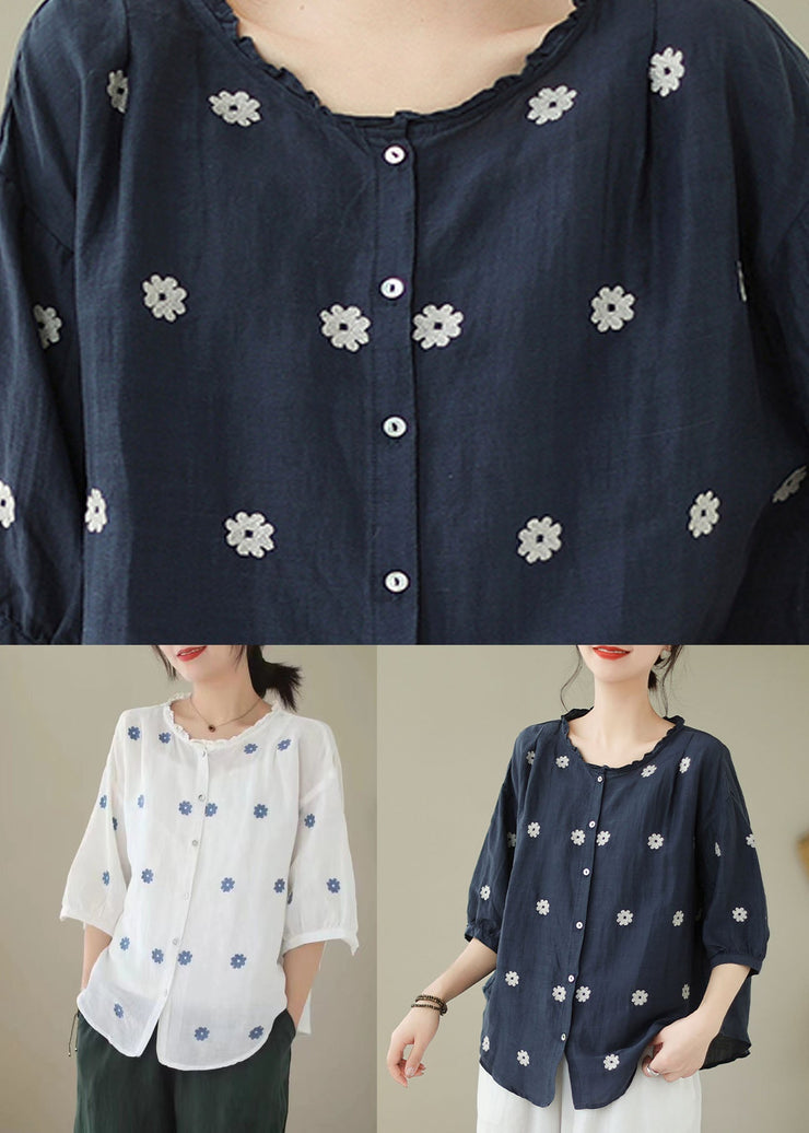 Navy Patchwork Linen Blouses Embroideried Ruffled Summer