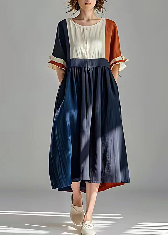 Navy Patchwork Linen Maxi Dresses Exra Large Hem Summer