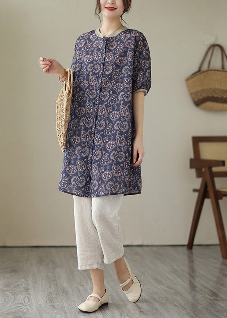 Navy Patchwork Linen Shirt Dress Oversized Print Summer