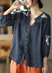 Navy Patchwork Linen Shirts Embroideried Button Bracelet Sleeve