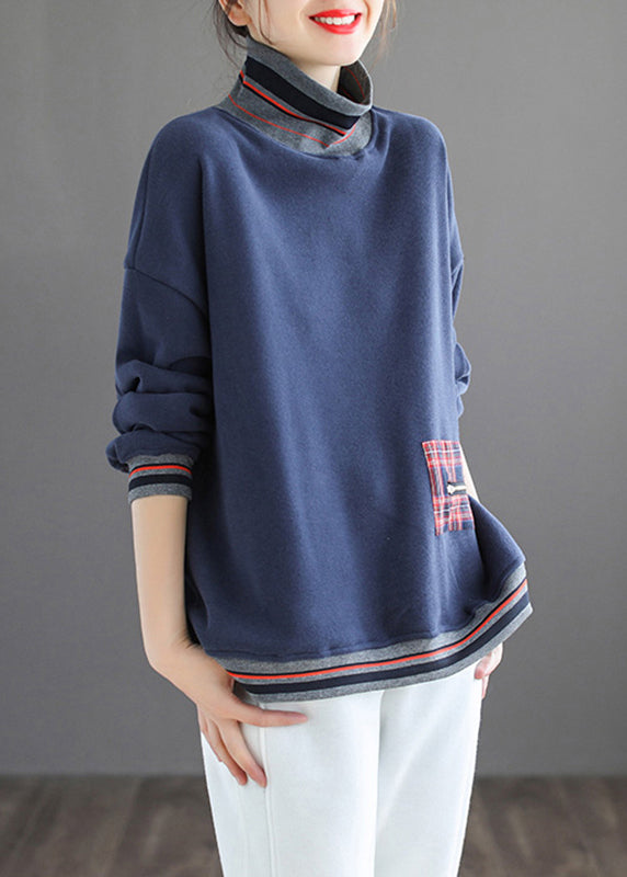 Navy Patchwork Loose Warm Fleece Turtleneck Long Sleeve