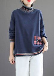 Navy Patchwork Loose Warm Fleece Turtleneck Long Sleeve