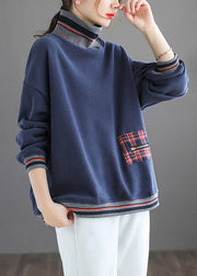 Navy Patchwork Loose Warm Fleece Turtleneck Long Sleeve