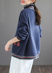 Navy Patchwork Loose Warm Fleece Turtleneck Long Sleeve