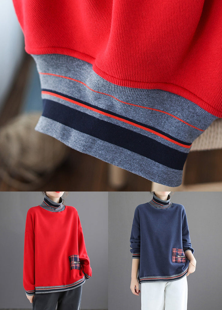 Navy Patchwork Loose Warm Fleece Turtleneck Long Sleeve