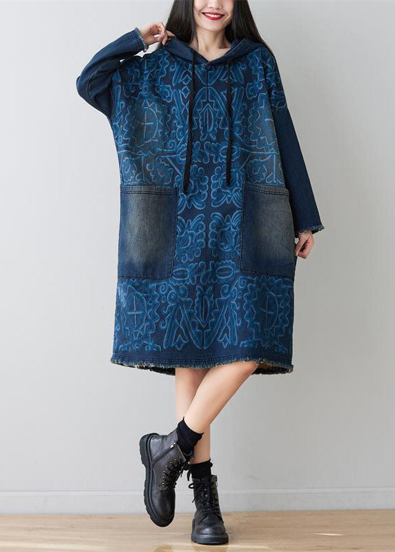 Navy Patchwork Pockets Print Denim Dress Hooded Spring