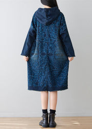 Navy Patchwork Pockets Print Denim Dress Hooded Spring