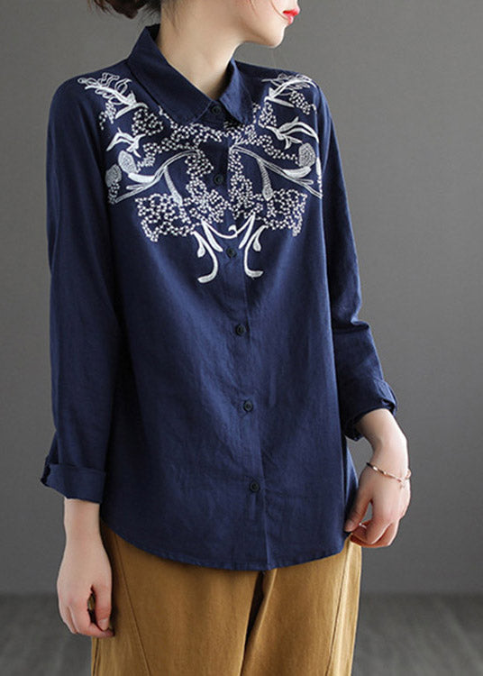 Navy Peter Pan Collar Button Shirt Long Sleeve