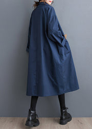 Navy Pockets Button Cotton Trench Peter Pan Collar Fall