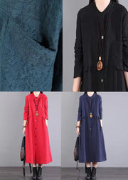 Navy Pockets Patchwork Cotton Dress Stand Collar Button Fall