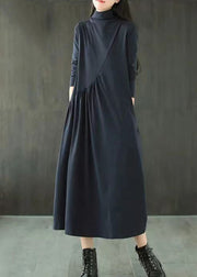 Navy Pockets Patchwork Cotton Long Dress Hign Neck Wrinkled Fall