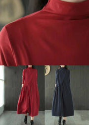 Navy Pockets Patchwork Cotton Long Dress Hign Neck Wrinkled Fall