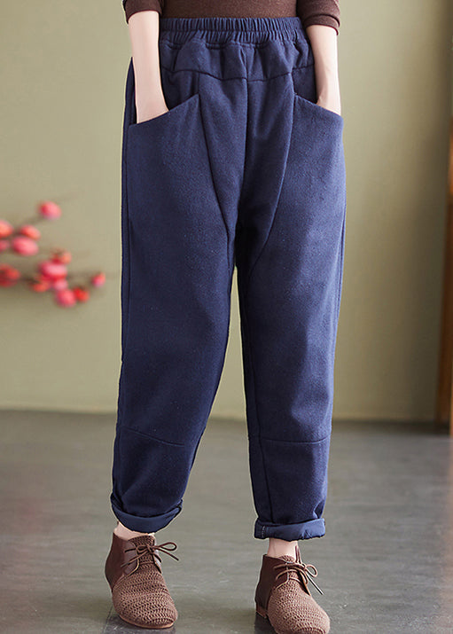 Navy Pockets Patchwork Fine Cotton Filled Pants Elastic Waist Winter