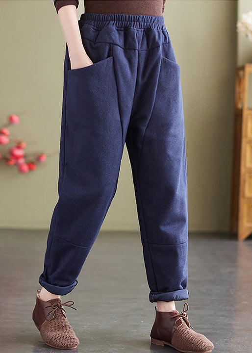 Navy Pockets Patchwork Fine Cotton Filled Pants Elastic Waist Winter