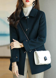 Navy Pockets Patchwork Wool Coats Button Long Sleeve