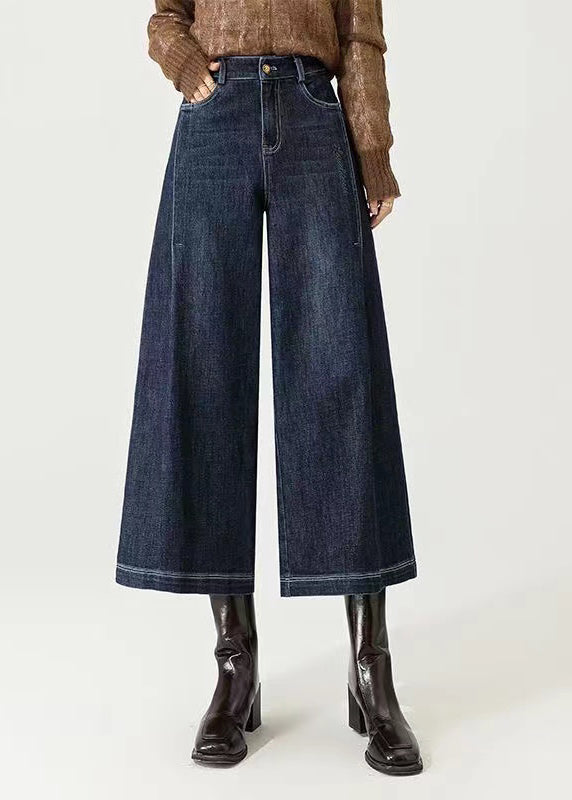 Navy Pockets Versatile Denim Wide Leg Pants High Waist Spring