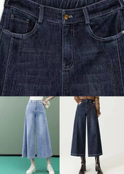 Navy Pockets Versatile Denim Wide Leg Pants High Waist Spring