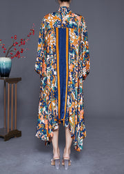 Navy Print Chiffon Long Dress Asymmetrical Extra Large Hem Summer