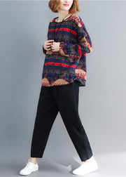 Navy Print Cotton Loose Tops O-Neck Long sleeve