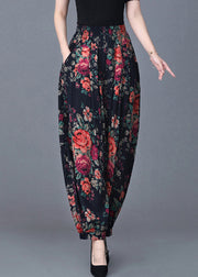 Navy Print Elastic Waist Cotton Lantern Pants Fall