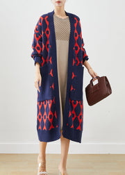 Navy Print Knit Cardigan Oversized Pockets Fall