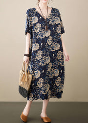 Navy Print Linen Robe Dresses V Neck Oversized Summer