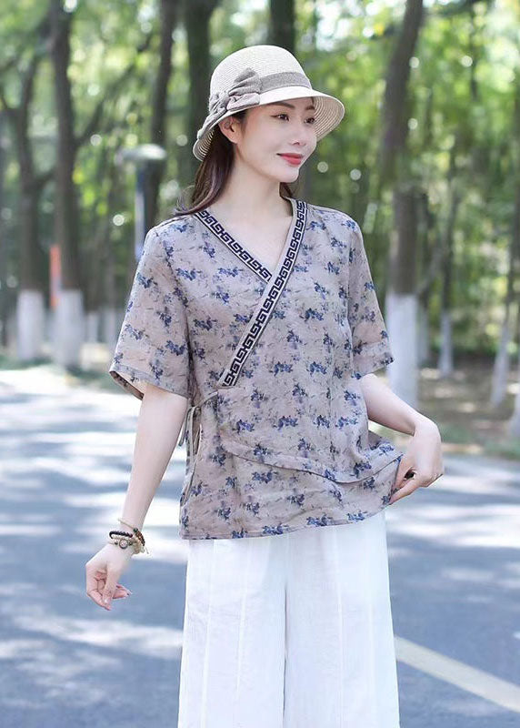 Navy Print Patchwork Linen Blouse Top V Neck Lace Up Summer