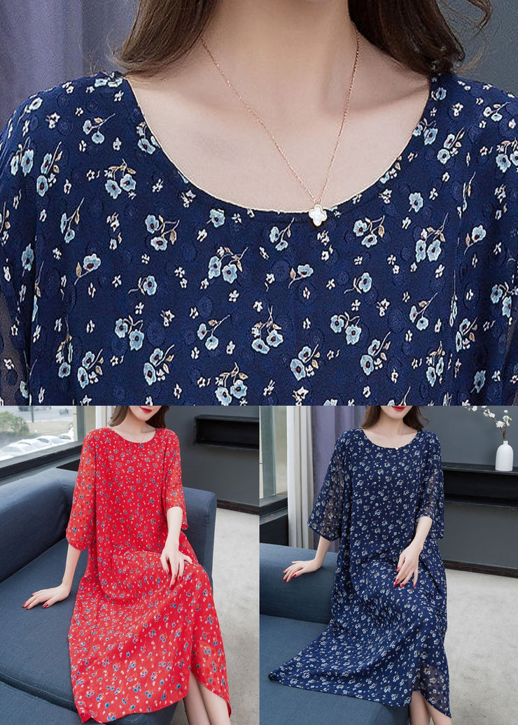 Navy Print Patchwork Loose Chiffon Dresses O Neck Summer