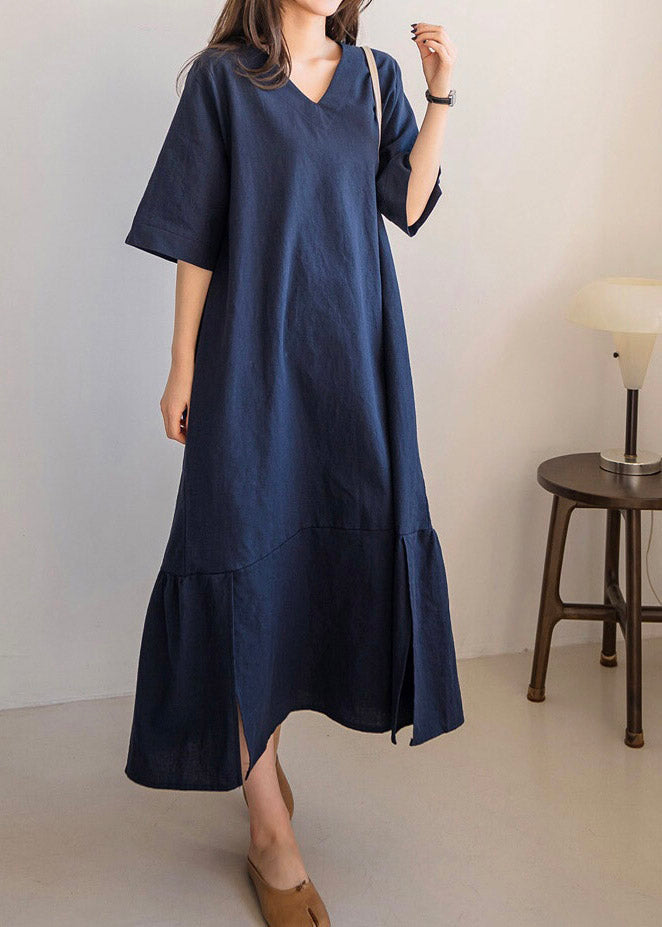 Navy Side Open Solid Long Dresses Short Sleeve