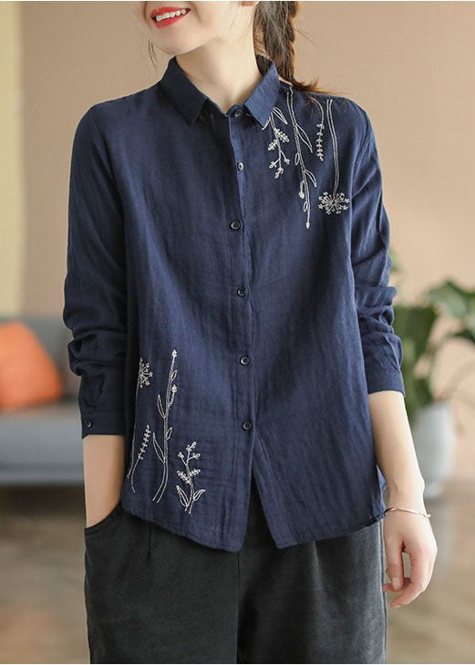 Navy Slim Fit Cotton Shirt Turn-down Collar Embroideried Spring