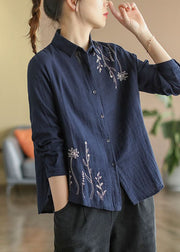 Navy Slim Fit Cotton Shirt Turn-down Collar Embroideried Spring