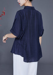 Navy Slim Fit Silk Blouse Tops Peter Pan Collar Wrinkled Summer