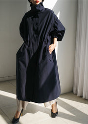 Navy Stand Collar Zippered Trench Coats Long Sleeve