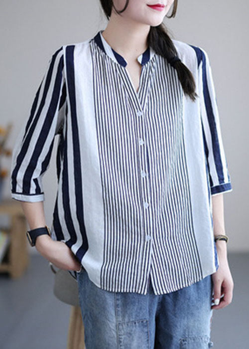 Navy Striped Cotton Shirt Tops Stand Collar Bracelet Sleeve