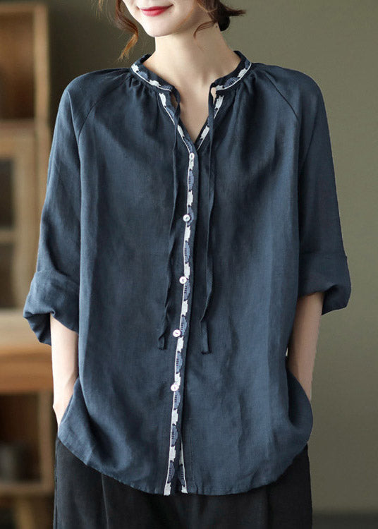 Navy V Neck Button Linen Shirt Long Sleeve