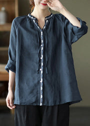 Navy V Neck Button Linen Shirt Long Sleeve