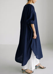 Navy V Neck Side Open Maxi Dresses Long Sleeve