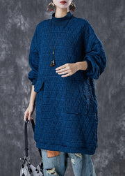 Navy Warm Fine Cotton Filled Sweatshirt Dress High Neck Pockets Winter