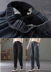 Navy Warm Fleece Denim Harem Pants Elastic Waist Spring