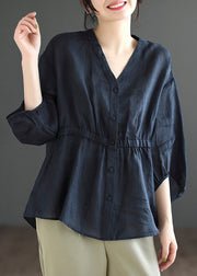 Navy Wrinkled Patchwork Linen Shirt V Neck Bracelet Sleeve