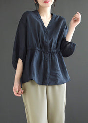 Navy Wrinkled Patchwork Linen Shirt V Neck Bracelet Sleeve