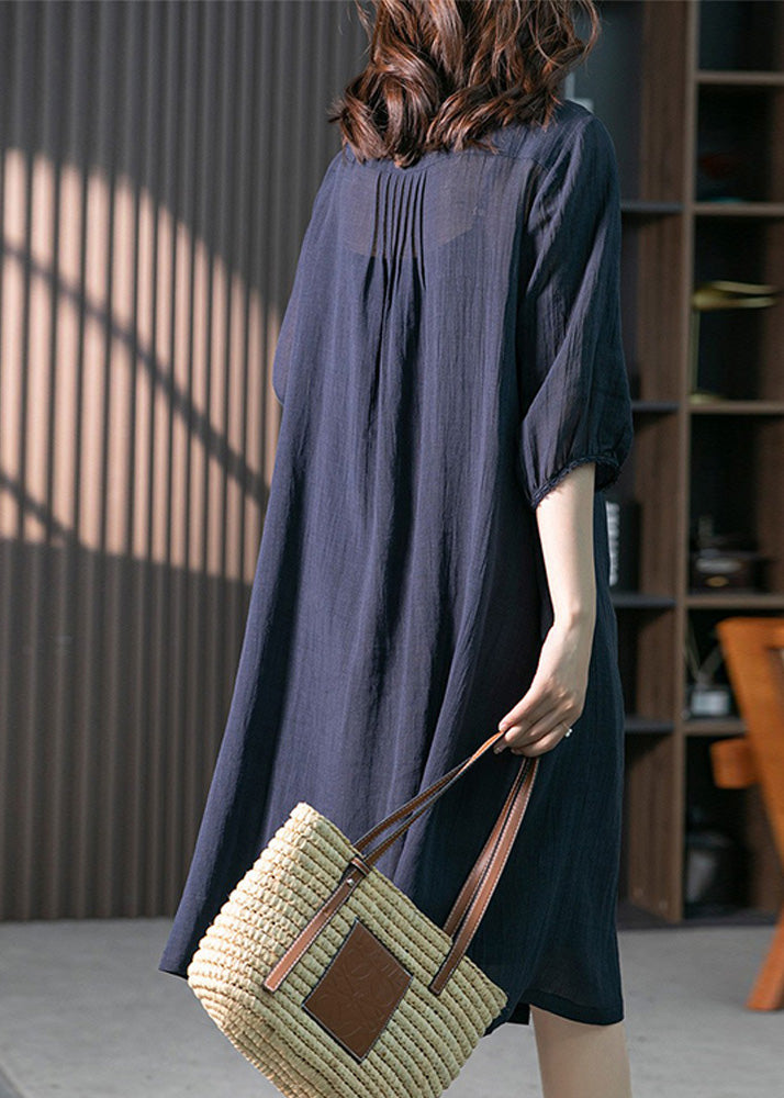 Navy Wrinkled Solid Linen Long Dresses Long Sleeve