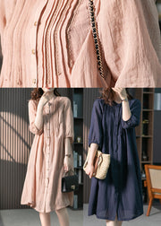 Navy Wrinkled Solid Linen Long Dresses Long Sleeve