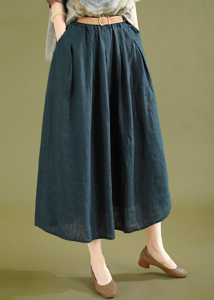 Navy Wrinkled Solid Linen Skirts Elastic Waist Summer