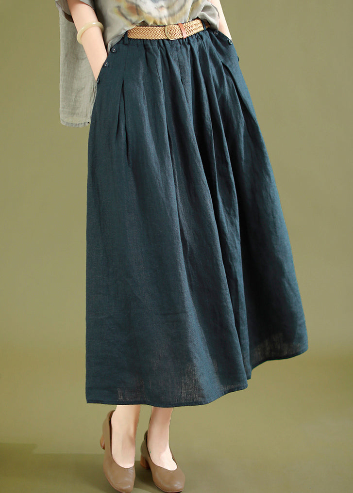 Navy Wrinkled Solid Linen Skirts Elastic Waist Summer