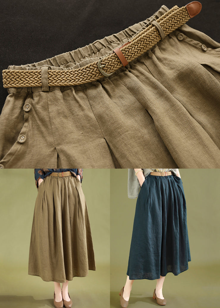 Navy Wrinkled Solid Linen Skirts Elastic Waist Summer